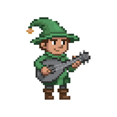 Fototapeta premium Medieval Bard Character in Green Attire Playing a Lute, Rendered in Retro 8-Bit Pixel Art Style for Fantasy Role-Playing Game (RPG) Asset.