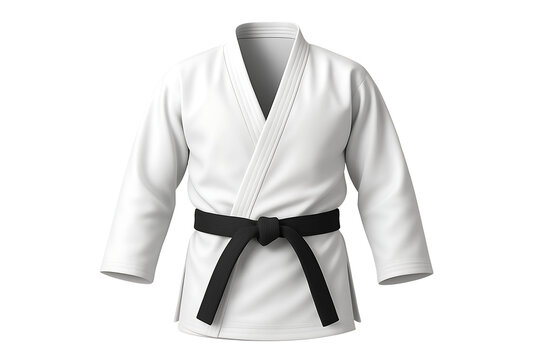 3D render of a traditional martial arts uniform (dobok or judogi) for training in judo, karate, or taekwondo, displayed as if on an invisible mannequin.