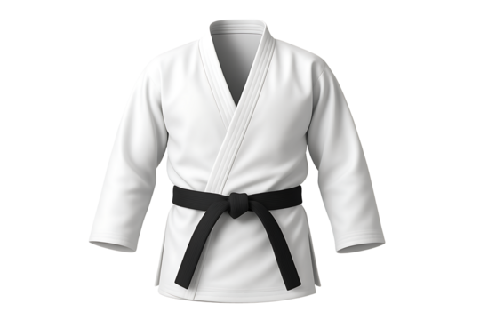 3D render of a traditional martial arts uniform (dobok or judogi) for training in judo, karate, or taekwondo, displayed as if on an invisible mannequin.