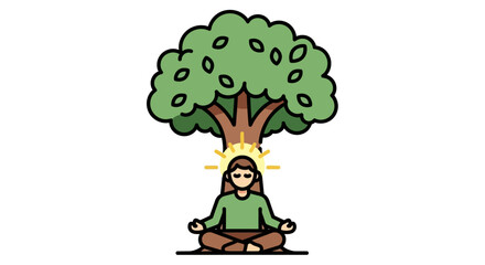 Illustration of a person achieving spiritual enlightenment and inner peace through meditation under a tree