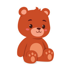 Cute Brown Bear Sitting with Sweet Expression in Illustration Style on White Background