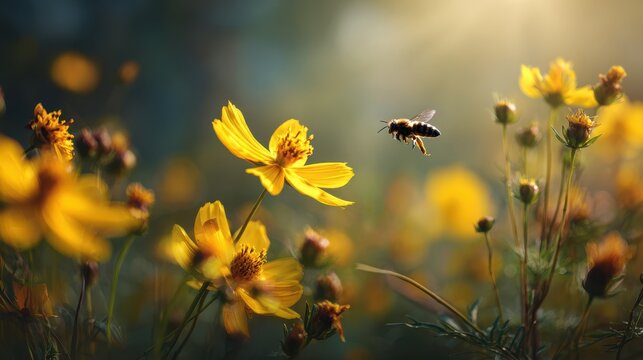 Bee in mid flight pollinating vibrant yellow flowers during a sunny day in a garden - Powered by Adobe