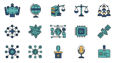 The icons depict a comprehensive array of concepts encompassing global governance, technological advancements, environmental concerns, and interconnected digital networks.