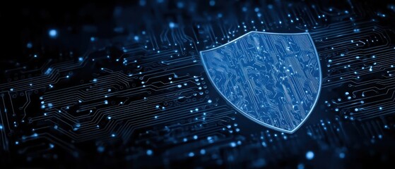 Digital shield on circuit board cybersecurity concept
