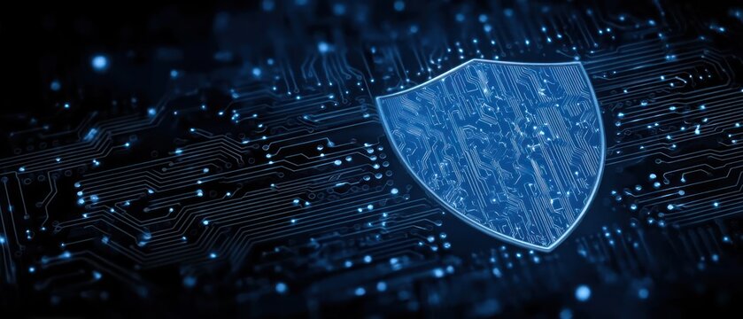 Digital shield on circuit board cybersecurity concept
