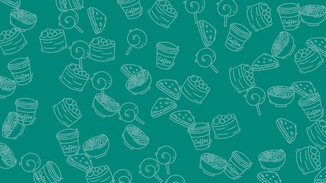 Teal background with white dessert and candy icons. Suitable for sweet treat menus, event invitations, party decor, or bakery branding.