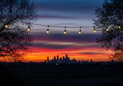 Warm evening cityscape with string lights and golden sunset glow dark calm cozy urban night bokeh