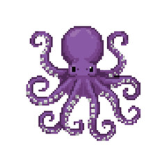 Cute Purple Octopus with Curling Tentacles in 8-Bit Pixel Art Style, Designed as a Sea Creature or Wildlife Sprite for an Underwater Video Game Level.