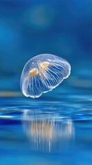Obraz premium Delicate Translucent Jellyfish Drifting in Vibrant Blue Ocean Water With Reflective Surface and Sunlight Sparkles