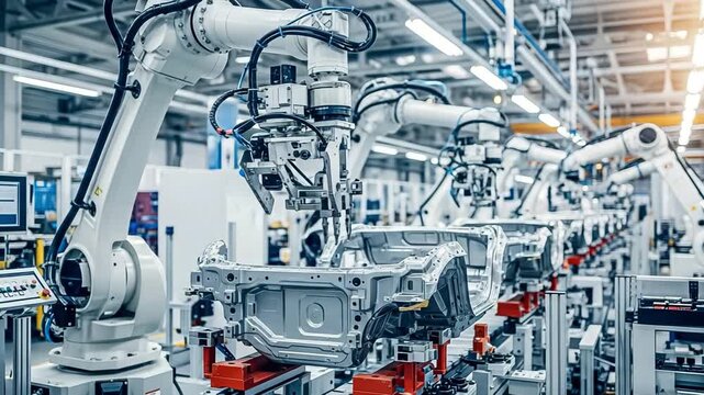 Automated robotic arms working on car chassis in a modern factory setting video generative ai