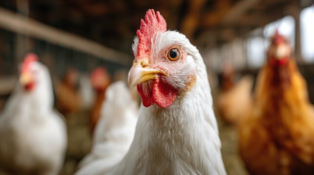 Close-up view of a white chicken in a cozy barn during an afternoon on a rural farm for poultry farming - Powered by Adobe