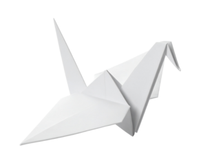 Folded origami paper bird isolated on white background, handmade craft object