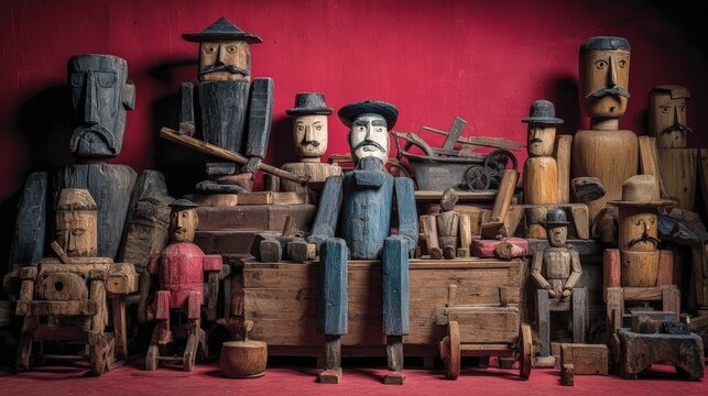 Collection of antique wooden marionettes and folk art figures displayed against a deep red background