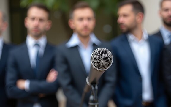 Close-up of a microphone at a press conference with blurred businesspeople in the background. High quality