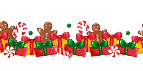 Gingerbread Men and Gifts Seamless Border