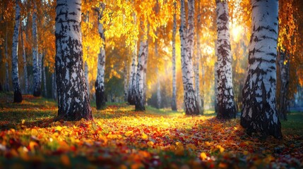 Obraz premium Sunlight streams through tall white-barked trees covered in vibrant golden foliage