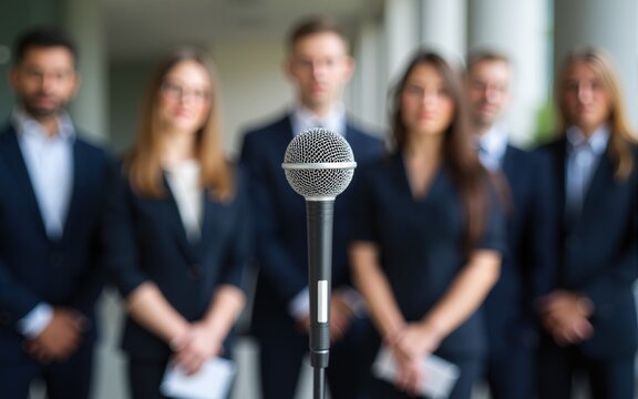 Close-up of a microphone at a press conference with blurred businesspeople in the background. High quality