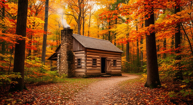 Cozy Wooden Cabin in the Autumn Forest