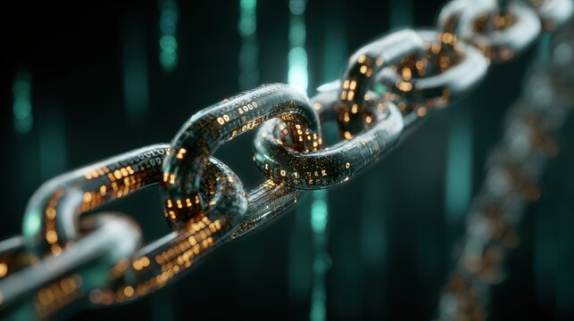 Concept of blockchain security chain featuring encoded links surrounded by a digital backdrop representing data integrity and encryption technology