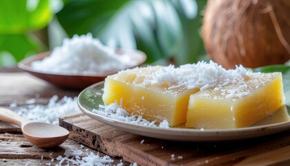 Close-up of traditional Brazilian dessert Manjar de Coco served with coconut flakes, wooden