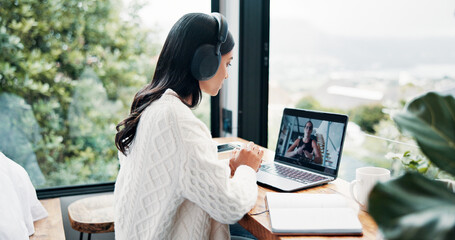 Headphones, laptop screen or video call and woman in home with view for remote work communication. Computer, virtual meeting and window with freelance employee in apartment for small business contact
