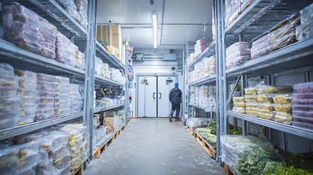 Medium shot of a worker monitoring temperature controls inside a spacious walkin cold storage room filled with fresh produce and packaged goods.