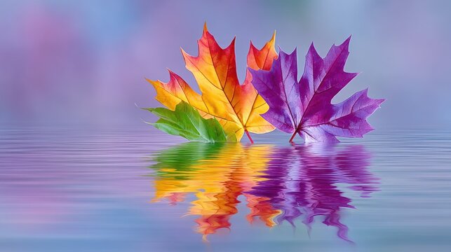 Close-up of colorful autumn maple leaves in vibrant rainbow hues of green yellow orange and purple reflected in shimmering water surface soft bokeh background