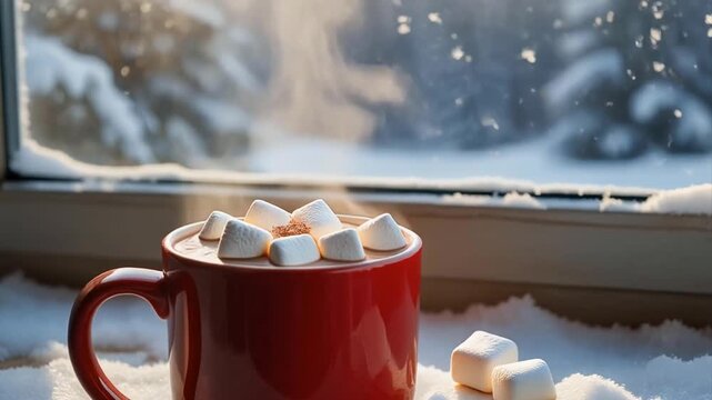 Red mug of hot chocolate with marshmallows steaming near a window with snow outside.
