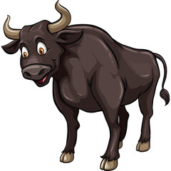 Brown Cartoon Bull with Brown Horns and Orange Eyes Standing on Transparent Background Facing Forward with a Happy Expression