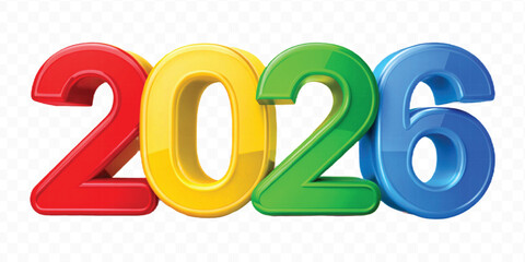 realistic 3d colorful three dimensional 2026 typography Isolated on a transparent background