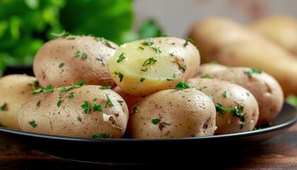 Delicious boiled potatoes with parsley on a black plate ready to be served and eaten a healthy dish