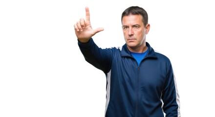 Fototapeta premium A man in a blue jacket pointing upwards with his right hand.