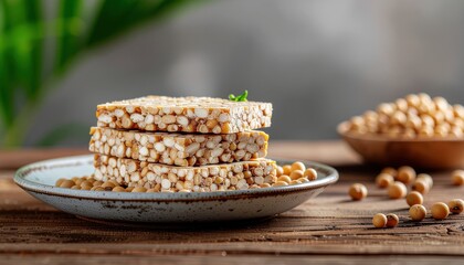Delicious homemade soy squares stacked on a plate with soybeans and wooden background full of