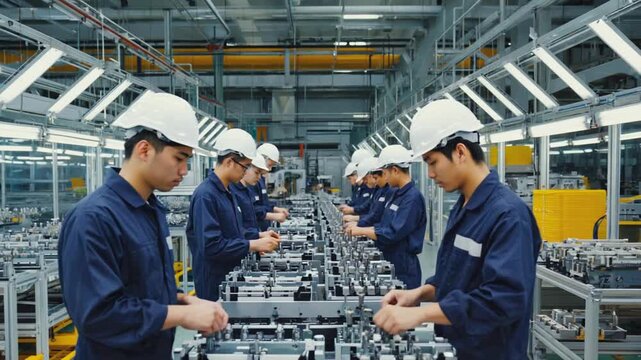 Group of skilled male workers in uniform assembling machinery and complex components on a manufacturing production line