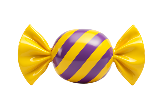 A glossy 3D render of a single piece of wrapped hard candy with vibrant purple and yellow stripes, isolated