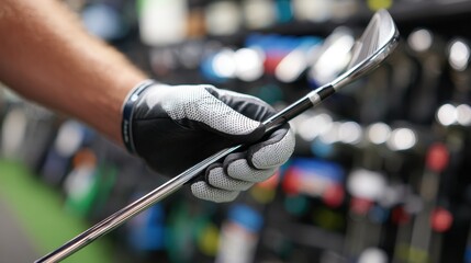 Holding a golf club in a shop while exploring options for equipment and accessories in the sport of golf
