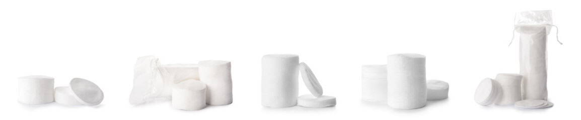 Set of cotton pads on white background