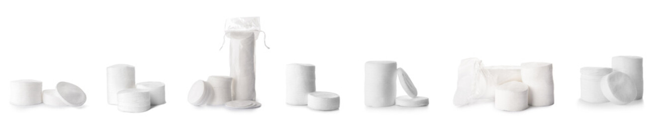 Set of cotton pads on white background