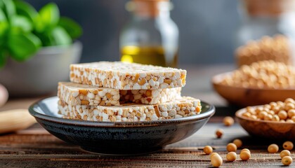Delicious Homemade Tempeh on Plate with Soybeans and Oil in Background Still Life