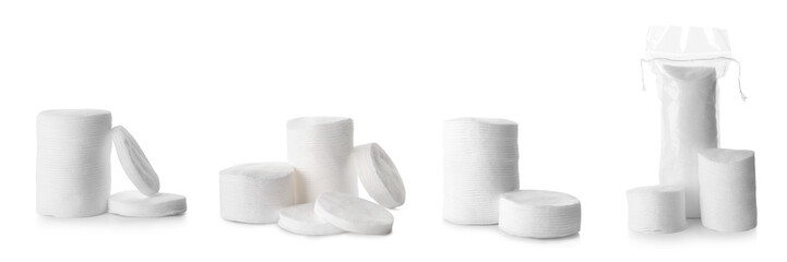 Set of cotton pads on white background