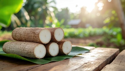 Fresh Cassava Roots on a Banana Leaf with a Natural Green Garden Background