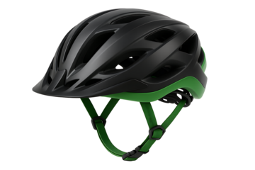 A modern, aerodynamic bicycle helmet in matte black with green accents and straps, representing sports safety and head protection