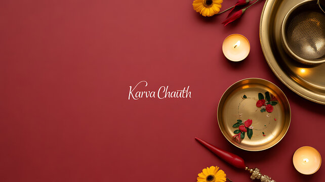 Karva Chauth celebration setup with traditional items including candles, brass plates, flowers, and a sieve on a red background