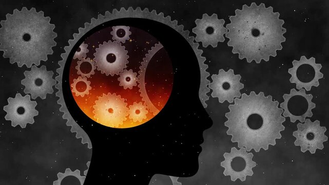 head silhouette filled with internal glowing fire and rotating mechanical cogs and gears symbolizing intensive thinking and intellectual process, clockwork of human mind