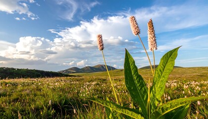 Lush green meadow under a bright blue sky with wispy clouds