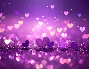 Shimmering purple background with bokeh hearts and glittery surface