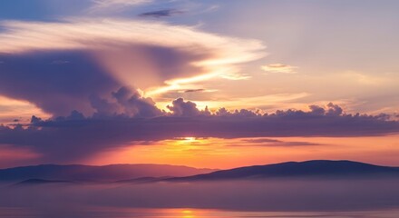 Fototapeta premium A vibrant sunset over a calm sea with mountains in the distance.