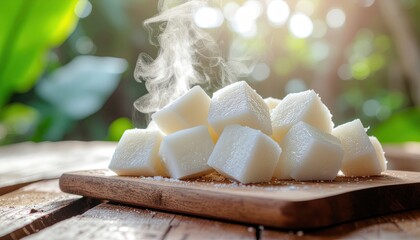 Steaming Cubes of Fresh Coconut on Wooden Board with Natural Background Scene