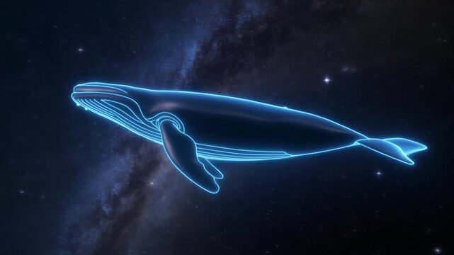 3D animatic of glowing neon whale slowly swimming through starry night sky, stars reflecting on its body, smooth camera drift, seamless loop.