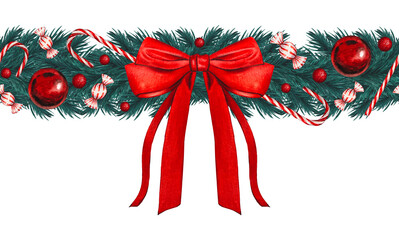 Hand drawn seamless border with fir branches,  big red bow, candy cane, red Christmas tree balls. Watercolor illustration.
